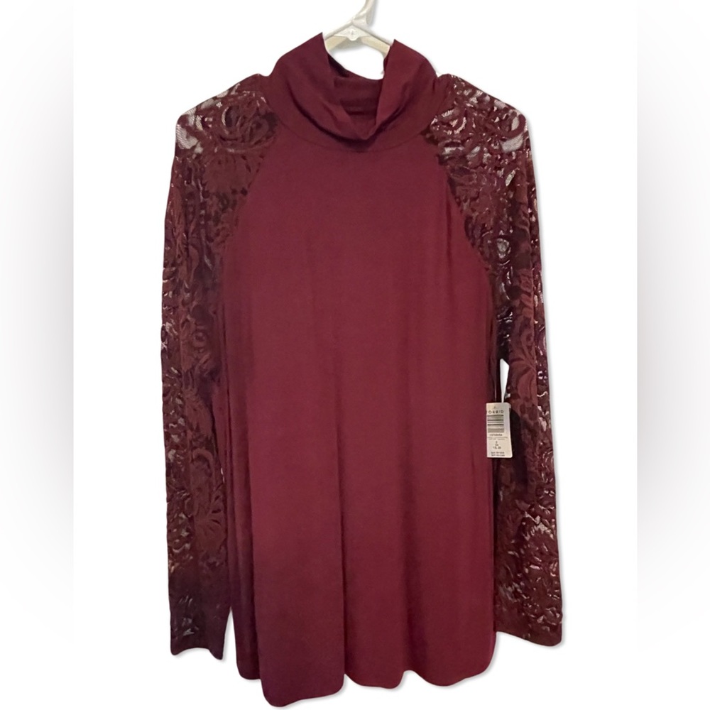 NWT Torrid Super Soft Knits Red Lace Long Sleeve Blouse Mock Neck Size 2 Fall